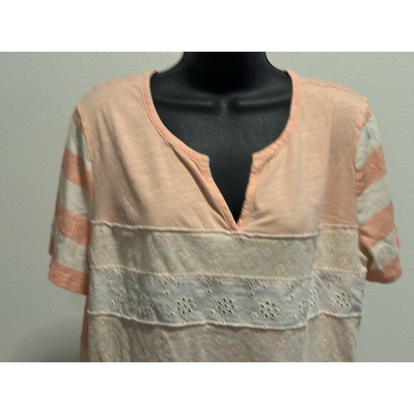 Cato Womans Size XL Blouse Striped Short Sleeve Boho Peasant Lace Insert - Picture 2 of 10